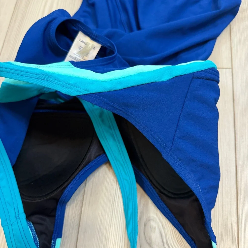 Lands End Blue Turquoise Colorblock One Piece Swimsuit Cross Back Size 10